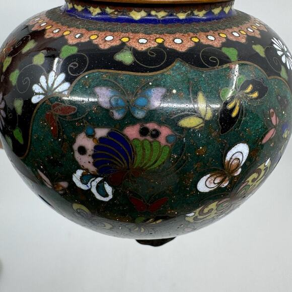 Antique Japanese Cloisonné Enamel Tripod Vessel with Lid - Picture 9 of 10